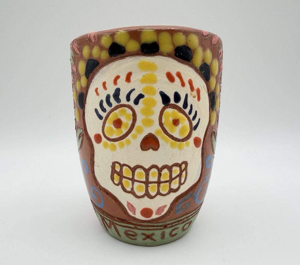 Mexican Pottery Dia De Los Muertos 10oz Drinking Cup 4.5” Day of the Dead Signed